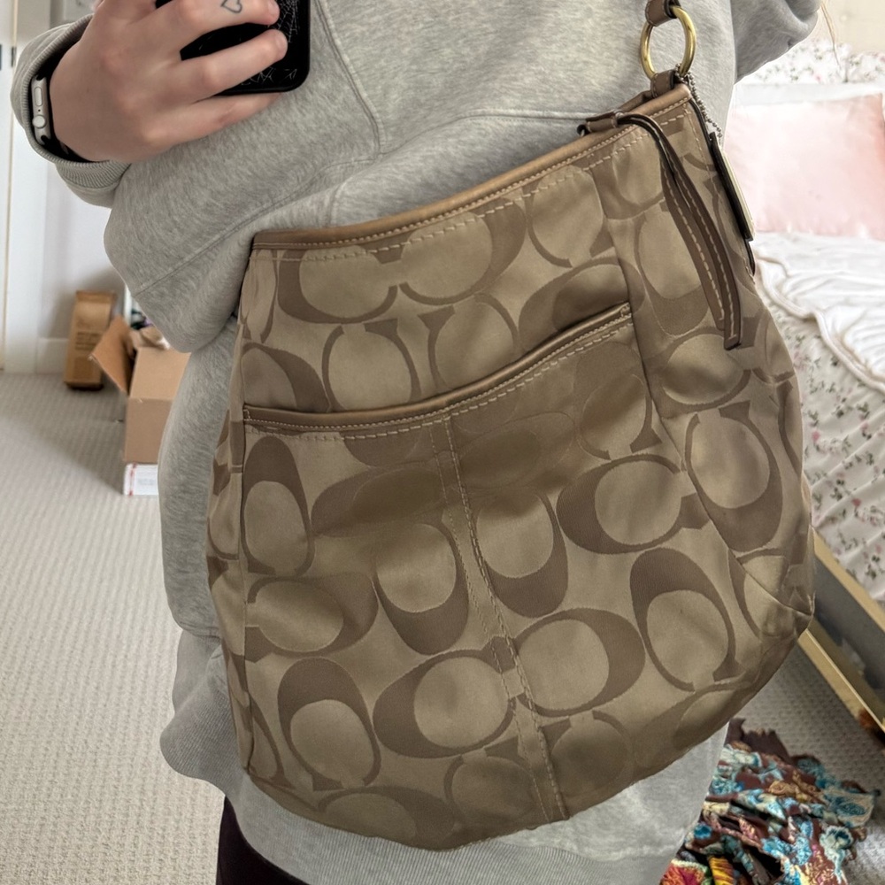 Coach Khaki Signature Canvas Hobo Shoulder Bag